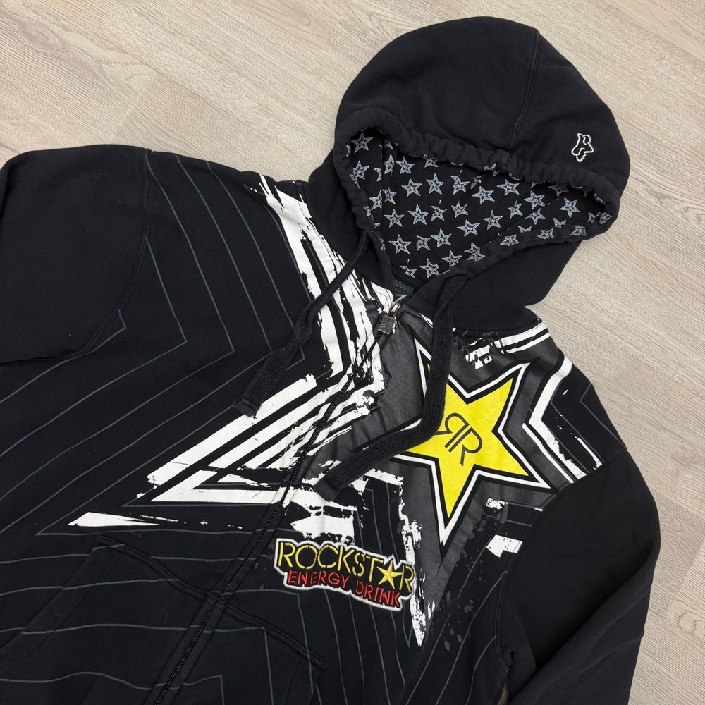 Y2K Fox Racing Rockstar Energy Hoodie Mens L Black Full Zip Motocross Star